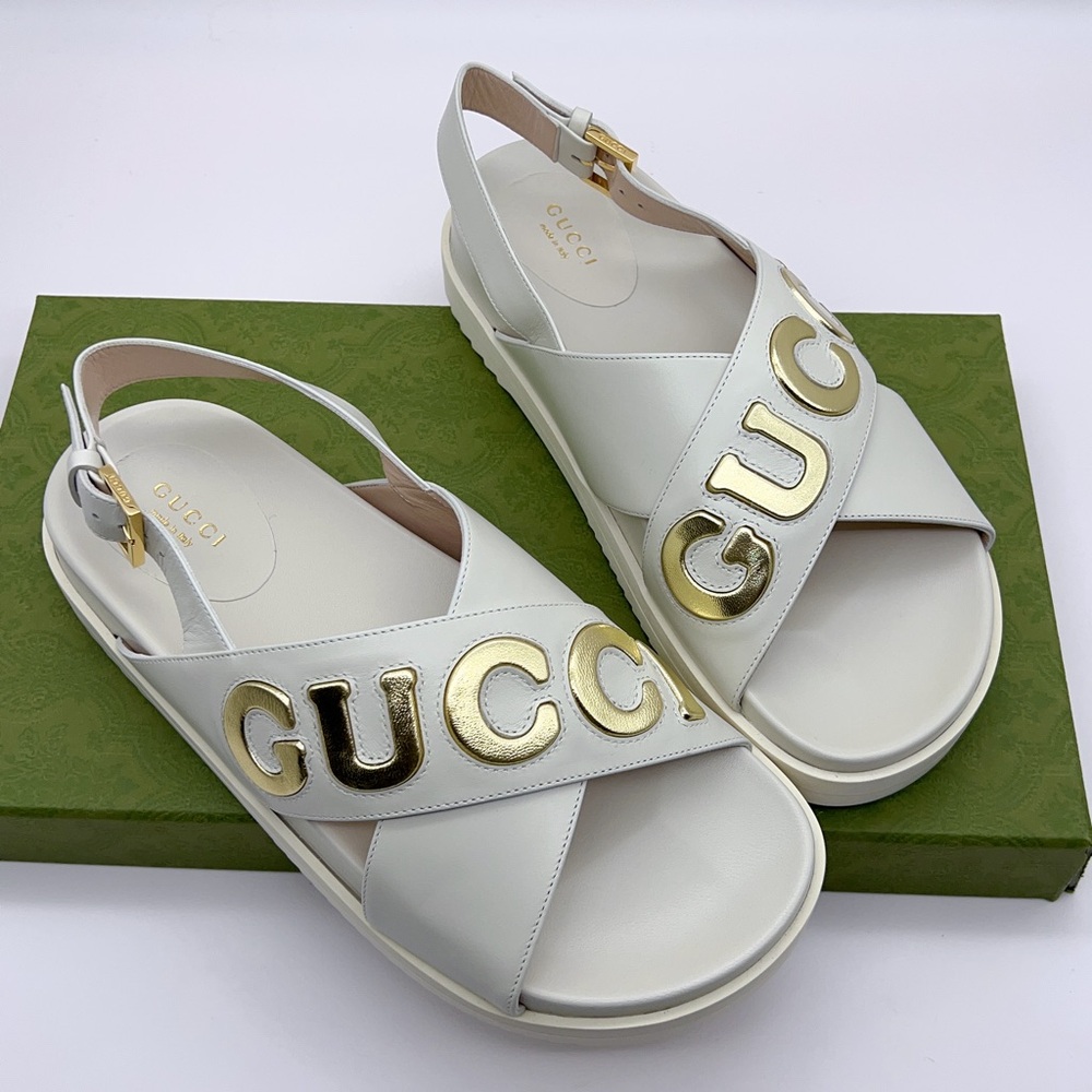 ❌SOLD❌Gucci Script Leather Sandals White Metallic Gold Size 40 ( US 10)